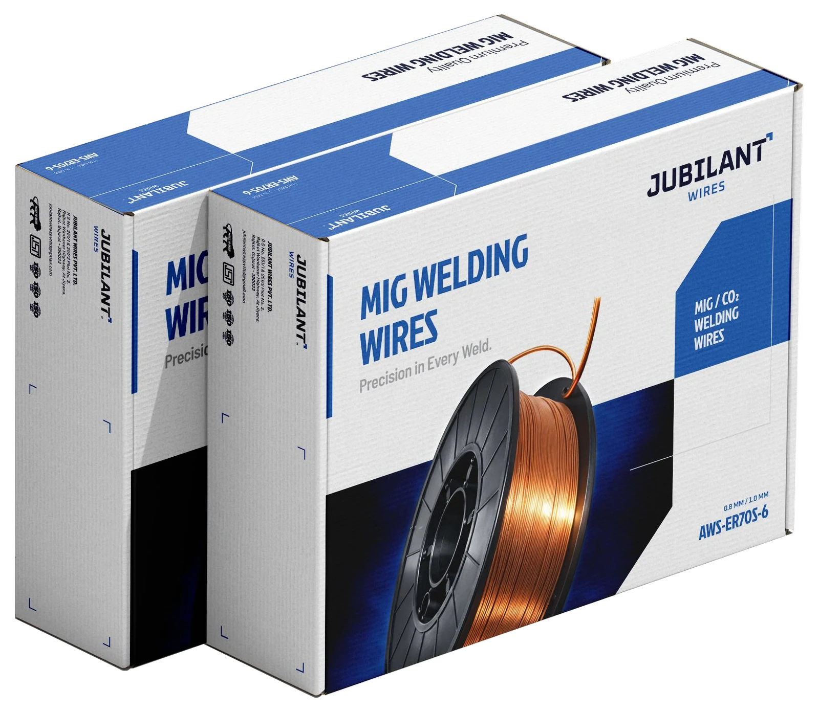Two boxes of Jubilant Wires AWS-ER70S-6 MIG/CO₂ welding wire in 0.8 mm and 1.0 mm
