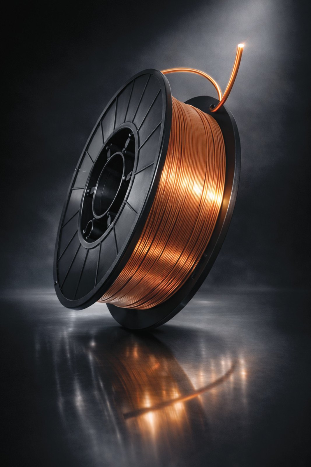 Copper-coated MIG welding wire spool under studio lighting